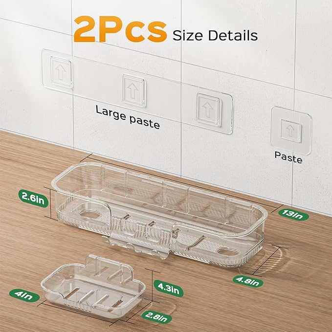 HAMITOR Adhesive Shower Caddy for Bathroom:2 Pack Clear Bath Shelves No Drilling for Modern Renters & Home Decor - Rustproof Acrylic Shower Organizer for Bathroom Storage