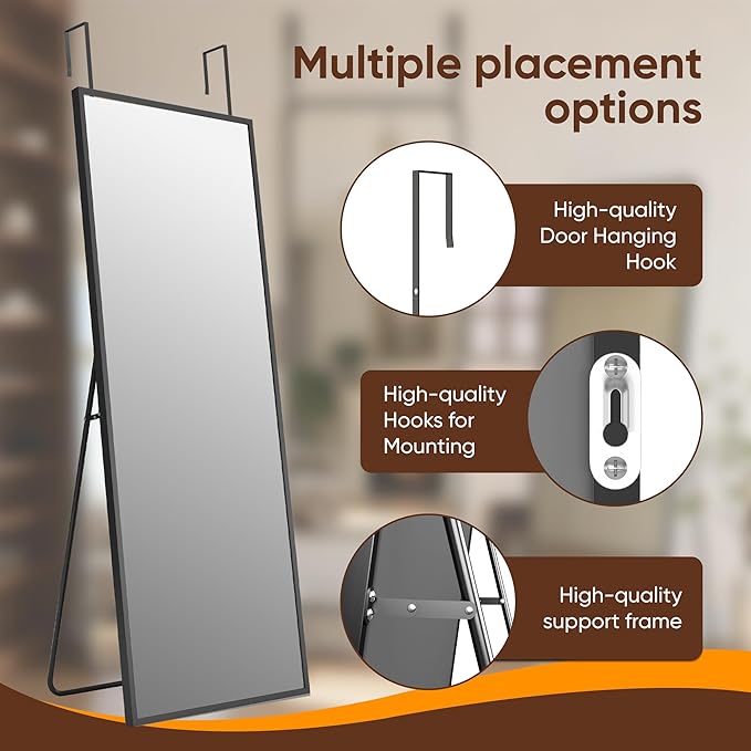 Antok 58''x 20'' Full Length Mirror Over Door, 4-in-1 Standing Leaning Wall Mounted, Adjustable Hanging Mirror for Bedroom Living Room, Black, Rect Corner