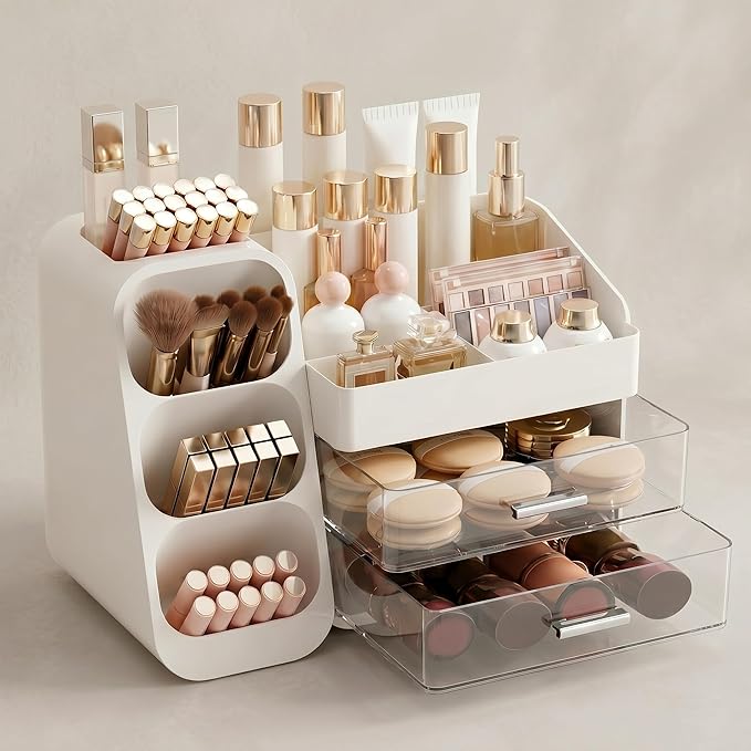 Makeup Organizer for Vanity - Large Skincare Organizers Countertop, Cosmetic Organizer with Brush Holder and 2 Drawer, Makeup Storage for Lipsticks, Nail Polishes, Eyeshadow Palettes, White