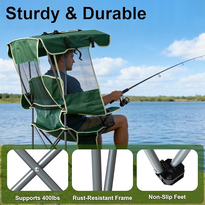 Romswi Folding Canopy Beach Camping Chairs for Adult 2 Pack, Portable Outdoor Chairs with Sunshade,Cup Holder & Side Pocket for Camping, Fishing, Beach, Backyard, Green