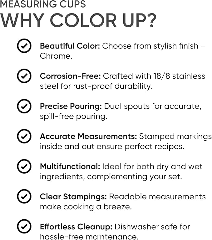 Color Up Measuring Cup Set, 8 Piece – Includes 2 Cup, Black Finish, Stainless Steel, Accurate for Wet & Dry Ingredients, Embossed Markings, Easy-Pour Spouts, Dishwasher-Safe, Kitchen Essential