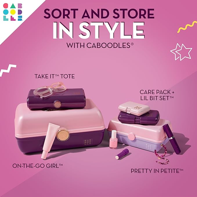 Caboodles On-The-Go Girl Makeup Box, Two-Tone Violet on Silver Sparkle, Hard Plastic Makeup Organizer Box, Built-In Mirror, Secure Latch for Safe Travel, Spacious Storage for Large Items