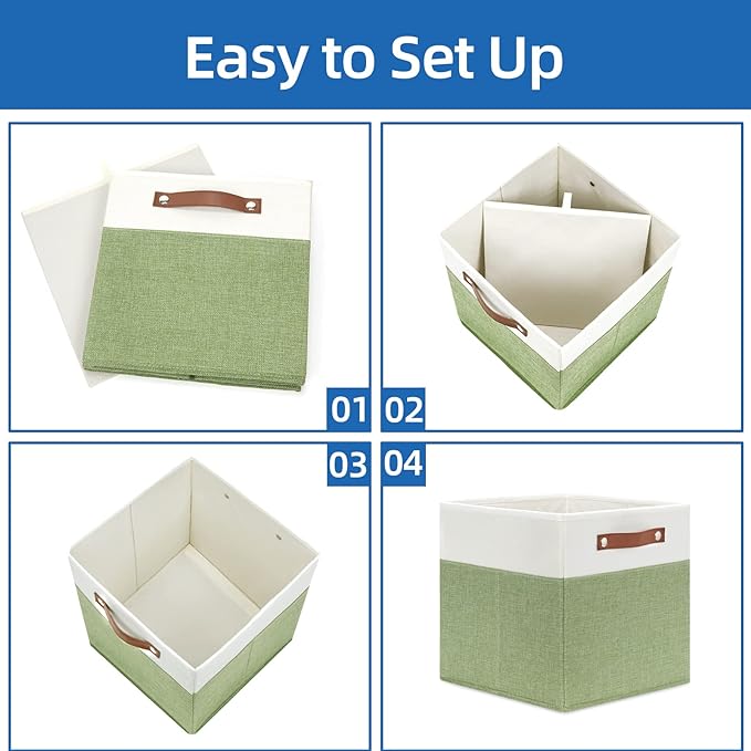 Temary 12 Inch Fabric Storage Cubes Storage Bins with Leather Handles, 4 Pack Cube Baskets Bins for Organizing Closet, Foldable Cloth Baskets for Shelves (White&Green)