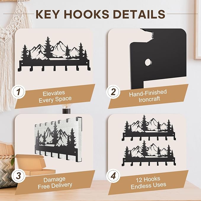 GPANDAG 2 Pack Key Holder Wall Mount with 14 Key Hooks, 12"x5.7" 20LB Metal Key Hangers for Kitchen/Living Room/Entryway/Apartment | Key Rack Hold Coat/Leash/Christmas/Home Decor | Dual Mount,Mountain