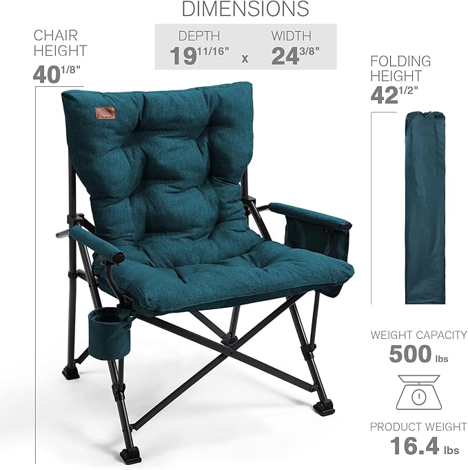 EVER ADVANCED Padded Oversized Folding Camping Chair for Adults, Heavy Duty Lawn Chair with Side Pockets, Portable Collapsible Quad Chair for Outside, Support Up to 500lbs, Green 2Pack