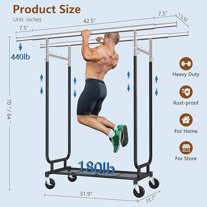 Heavy Duty Rolling Clothes Rack, 620 LBS Load Double Rod Adjustable Garment Rack with Storage Shelves & Lockable Wheels, Portable Clothing Rack for Hanging Clothes for Bedroom, Laundry Living Room