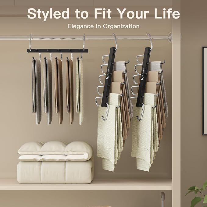 Closet Organizer Hangers Space Saving 6 Pack - 5-Tier Pants Hanger for Jeans, Shorts & Skirts | Vertical Storage Solution | Heavy Duty Black Finish