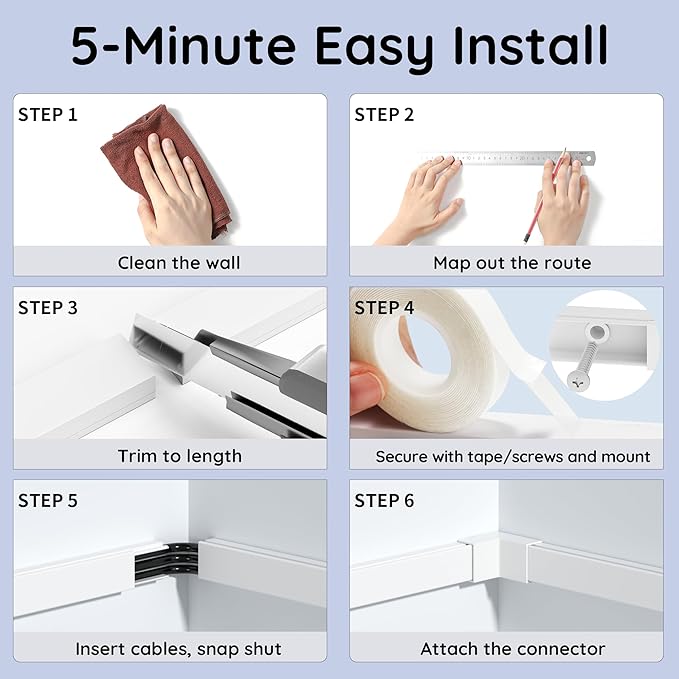 Delamu 236in Cord Hider, Professional Cable Cover Kit for Wall, TV Wire Hider for Wall Mounted TV, Raceway Cover on Management Wires, Cable Concealer, 1.18'' H x 0.60'' W, White