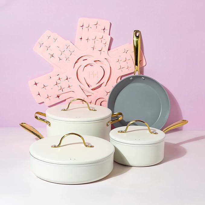Paris Hilton Iconic Nonstick Pots and Pans Set, Multi-layer Nonstick Coating, Matching Lids With Gold Handles, Made without PFOA, Dishwasher Safe Cookware Set, 10-Piece, Cream