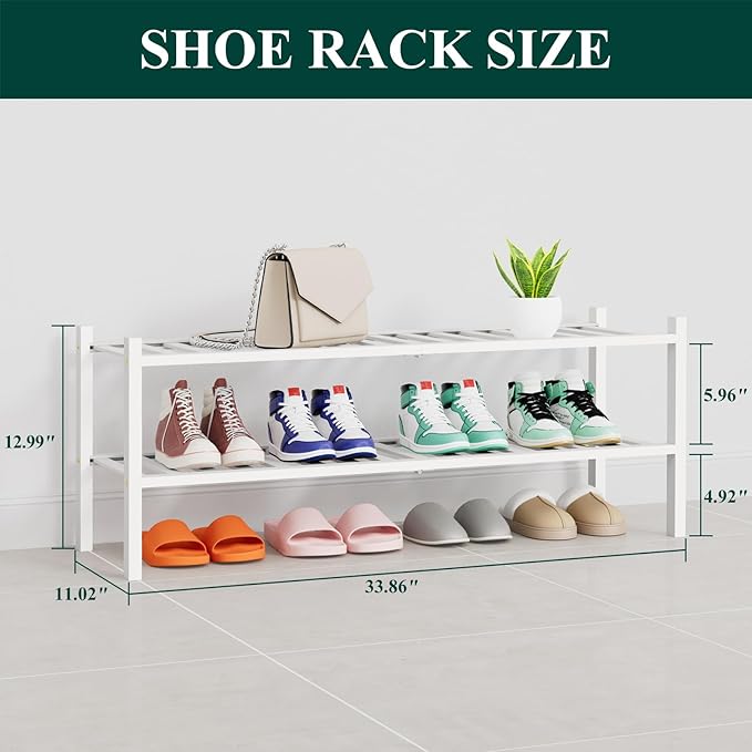 Smiry Long Bamboo Shoe Rack, 2 Tier Free Standing Wooden Shoe Organizer, Stackable Wood Shoe Storage Shelf for Closet, Entryway, 14 Vertical Slats, One-piece Heavy-Duty Legs, 33.7"x11"x13", White