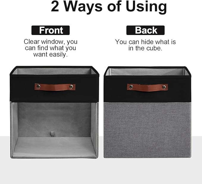 Bagnizer Storage Cubes, 4 Pack Linen Foldable Storage Bins (13 x 13 inch) with Clear Window and Handles, Fabric Organizer for Shelf Closet, Clothes, Books - (Gray and Black)