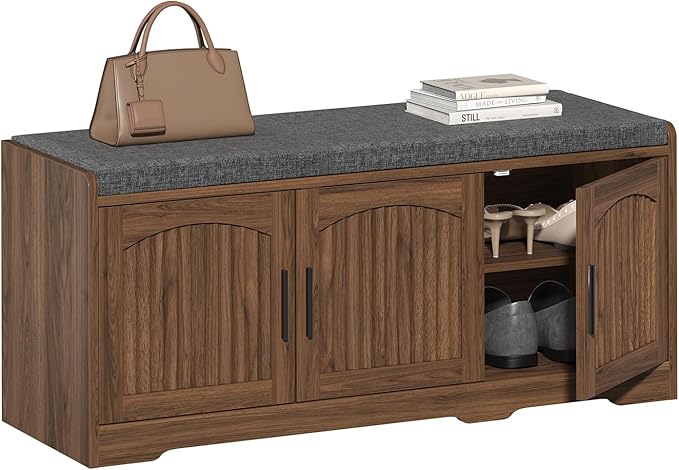 39.4" Shoe Storage Bench with Seating Cushion, Fluted 2-Tier Entryway Bench with 3 Doors & Adjustable Shelves, Shoe Cabinet Bench for Entryway, Hallway, Bedroom and Living Room (Walnut)