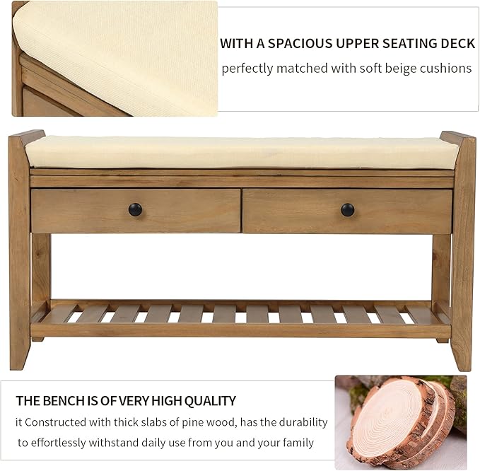 LUMISOL Storage Bench, Shoe Rack with Upholstered Seat and 2 Drawers, Solid Wood Entryway Storage Bench with Shoe Rack for Entryway, Living Room, Bedroom, Old Pine