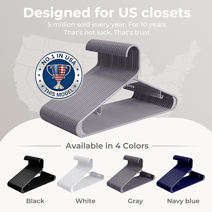 HOUSE DAY Grey Plastic Hangers 60 Pack, Non-Slip Plastic Hanger with Dual Hooks - Slim Space Saving 1/4" Thin Closet Organizers for Coats, Shirts, Pants & Dresses - Lightweight Garment Friendly