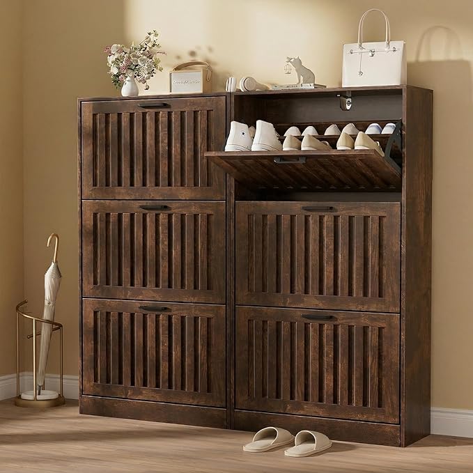 Shoe Storage Cabinet for Entryway with 3 Flip Drawers, Wooden Shoe Organizer with Adjustable Shelf, Freestanding Wood Fluted Panel Shoes Cabinet Closed Shoe Rack for Hallway, Foyer, Walnut