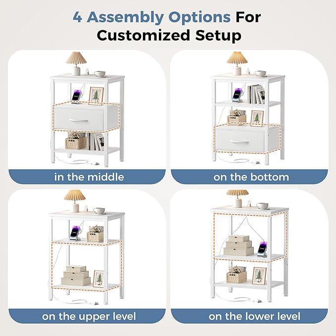 DUMOS Nightstand Set of 2 with Wireless Charging Station,Bedside Tables with Adjustable Fabric Drawers,3-Tier Storage End Tables with Open Shelf, Modern Small NightStands for Bedroom Furniture,White