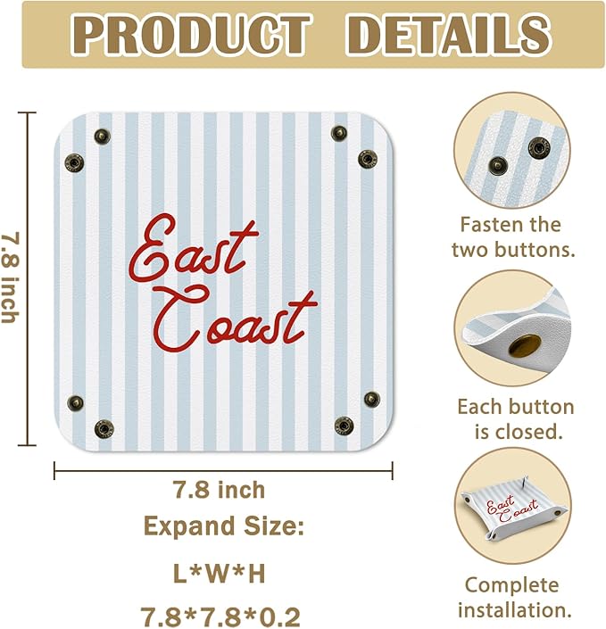 Coastal Cowgirl East Coast Jewelry Valet Tray for Women, Coastal Chic Beach Decor PU Leather Catchall Beside Caddy Nightstand Organizer Tray for Rings Watches Keys Accessories, 7.87x7.87in