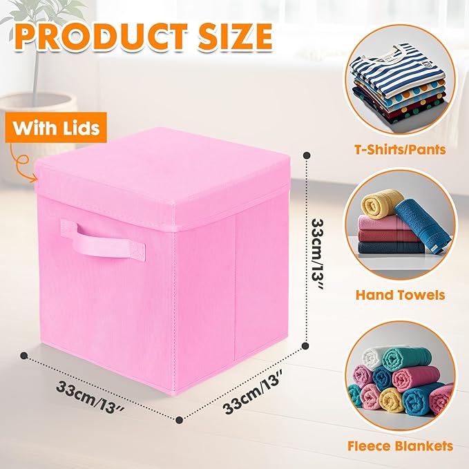 ShellKingdom Storage Bins, Foldable Fabric Storage Cubes with Lid, Clothes Storage Organizer Drawer For Closet Toys Storage, 13 X 13 X 13 INCH, 2 Pack (Pink)