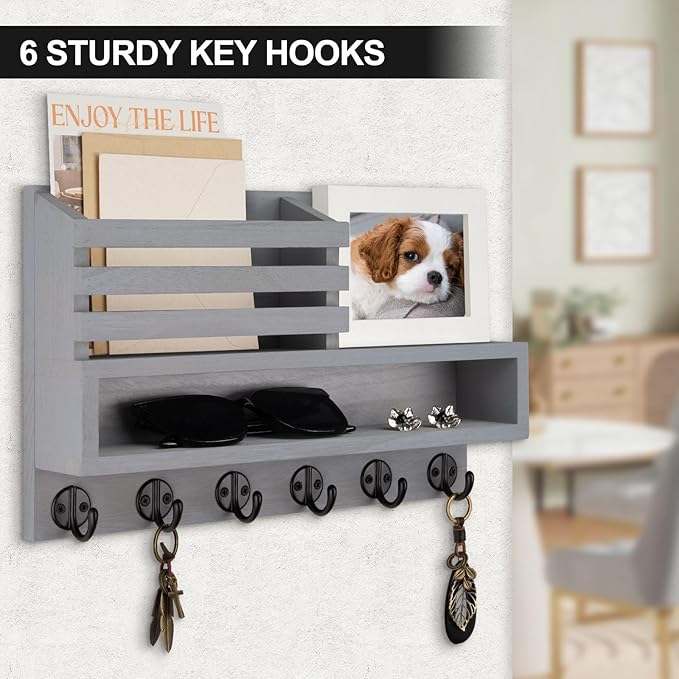 Key and Mail Holder Wall Mount, Key Hanger with Long Storage Box and Key Hooks for Coat, Dog Leash, Home Decor Rack, House Accessories, Entry Way Organizer