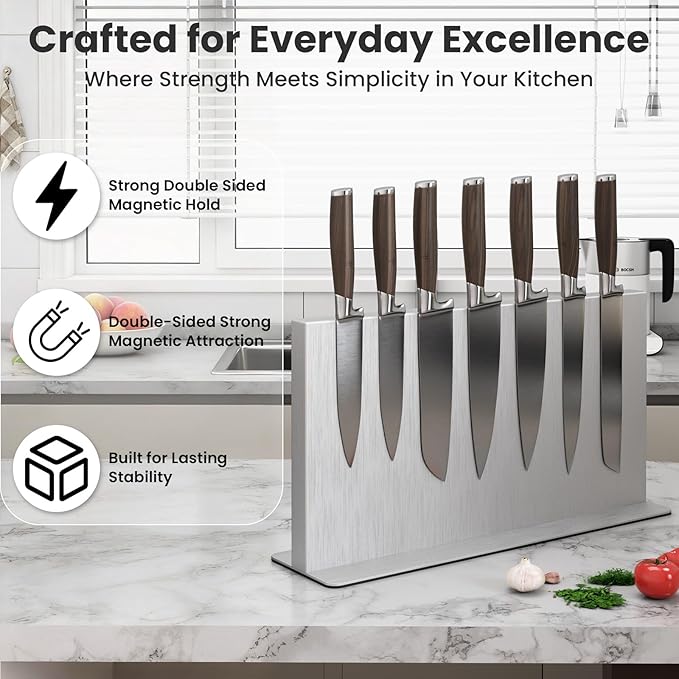 THMINS Large Magnetic Knife Block Stainless Steel Double-Sided Magnetic Knife Holder, Universal Multi-function Display Rack for Kitchen Counter