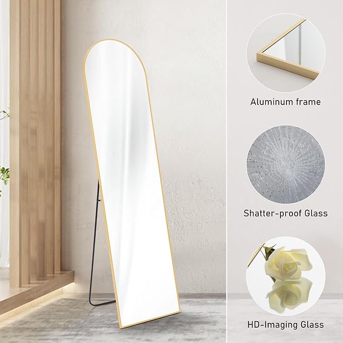 NEWBULIG 59.1"x15.7" Arched Full Length Mirror, Full Body Floor Mirror with Aluminum Alloy Thin Frame, Wall or Standing Mirror for Bedroom, Living Room, Dressing Room, Gold