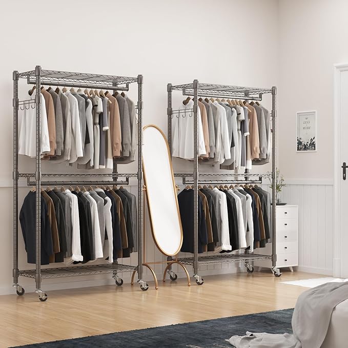 BATHWA Clothes Racks for Hanging Clothes, 35.5" W x 16.5" D x 80.7" H, Rolling Tall Heavy Duty Wardrobe Rack with Shelves & Wheels Metal Freestanding Multifuctional for Bedroom Laundry balcony, Grey