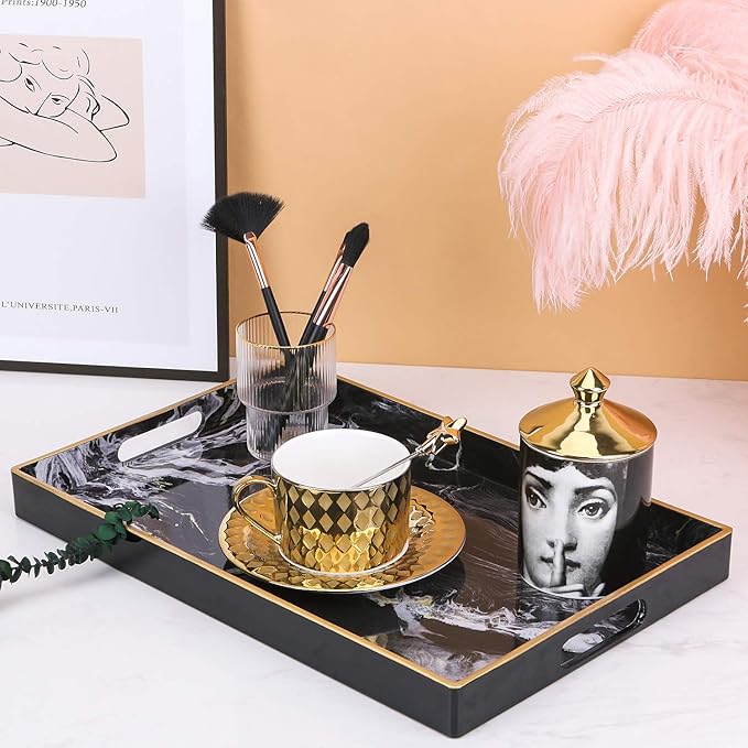 Decorative Tray, Marbling Plastic Tray with Handles, Rectangular Vanity Tray and Serving Tray for Bathroom, Kitchen, Ottoman and Coffee Table, 15.6” x 10.2”, Black