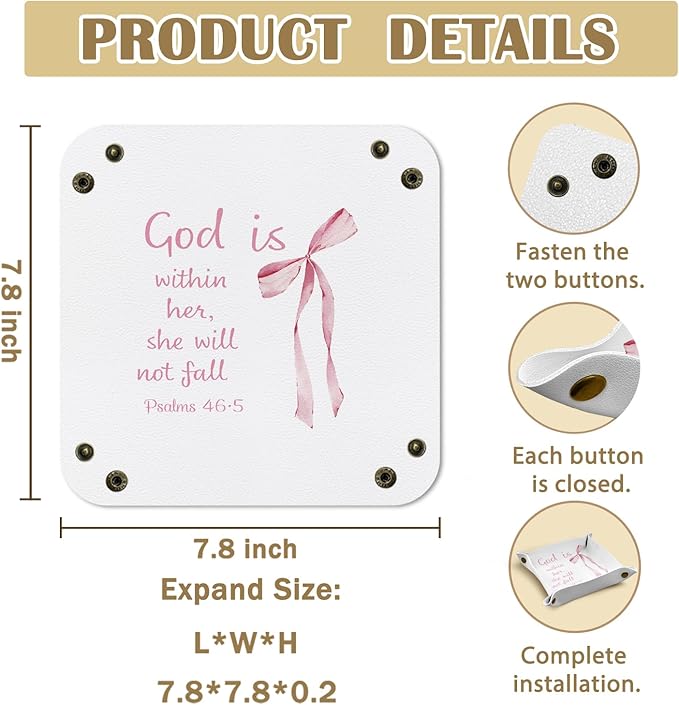 Christian Gifts Jewelry Valet Tray for Women, Coquette Pink Bow Bible Verse PU Leather Catchall Beside Caddy Nightstand Organizer Tray for Jewelry Rings Watches and Accessories, 7.87x7.87in