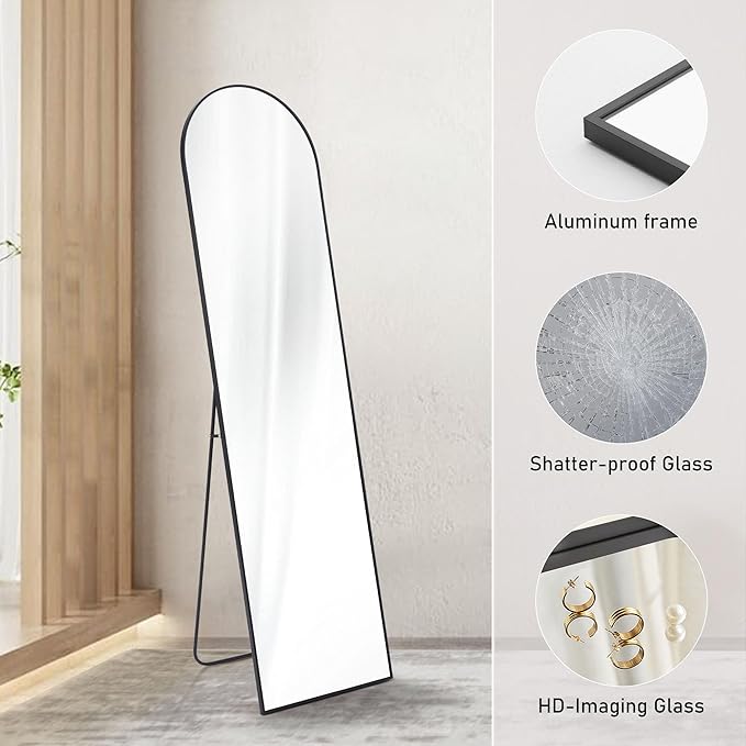 NEWBULIG 59.1"x15.7" Arched Full Length Mirror, Full Body Floor Mirror with Aluminum Alloy Thin Frame, Wall or Standing Mirror for Bedroom, Living Room, Dressing Room, Black