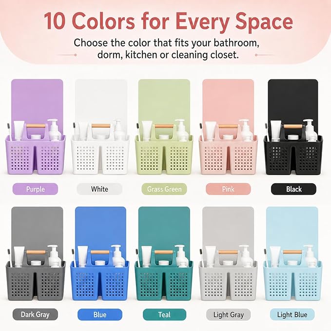 Portable Shower Caddy Basket with Wood Handle, 3-Compartment Bathroom Organizer Tote with Drain Holes, Plastic Shower Basket for Dorm, Toiletries, Cleaning Supplies, Pink