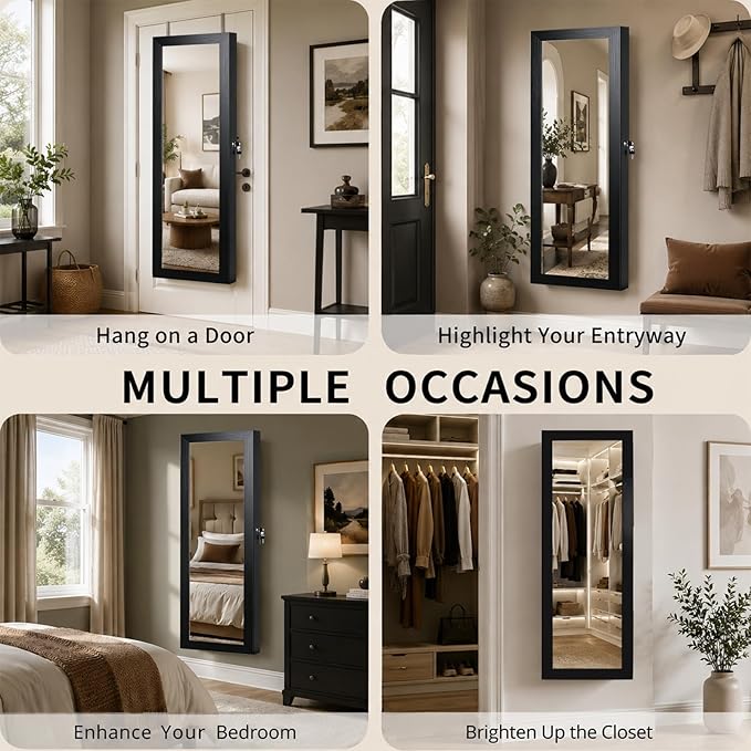 Over the Door Jewelry Organizer, Wall Mounted Jewelry Cabinet, Hanging Mirror with Storage Box, Wall/Door Mounted Full Length Mirror with LED