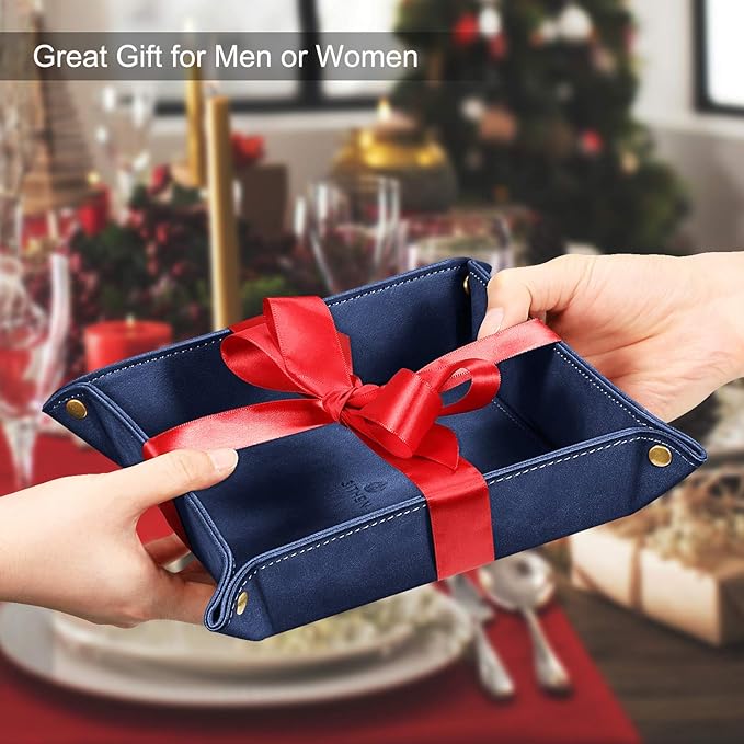SITHON Valet Tray Desktop Storage Organizer โ Premium PU Leather Catchall Bedside Vanity Tray Nightstand Caddy Holder for Keys, Phone, Wallet, Valentine's Day Gift, Dark Blue