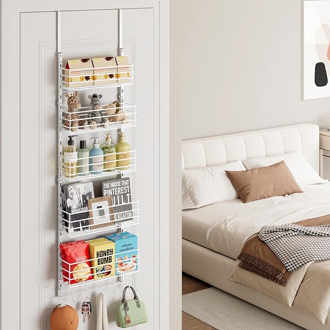 SWTYMIKI Over The Door Organizer - Door Organizer Hanging with 5 Adjustable Metal Large Capacity Basket and 6 Coat Hook, Wall Mounted Shelves for Bedroom Closet Bathroom Laundry Pantry Kitchen