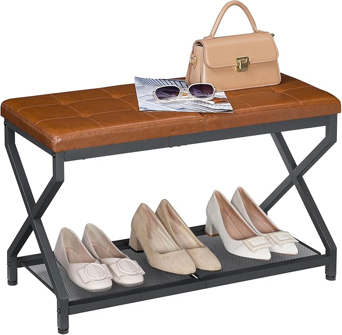 HOOBRO 29.5" Shoe Bench, Entryway Bench with Tufted PU Leather Cushion, Boot-Friendly Shoe Rack Bench Holds 300 lb, Industrial Shoe Storage Organizer for Small Space Front Door, Whiskey Brown CB24HX01