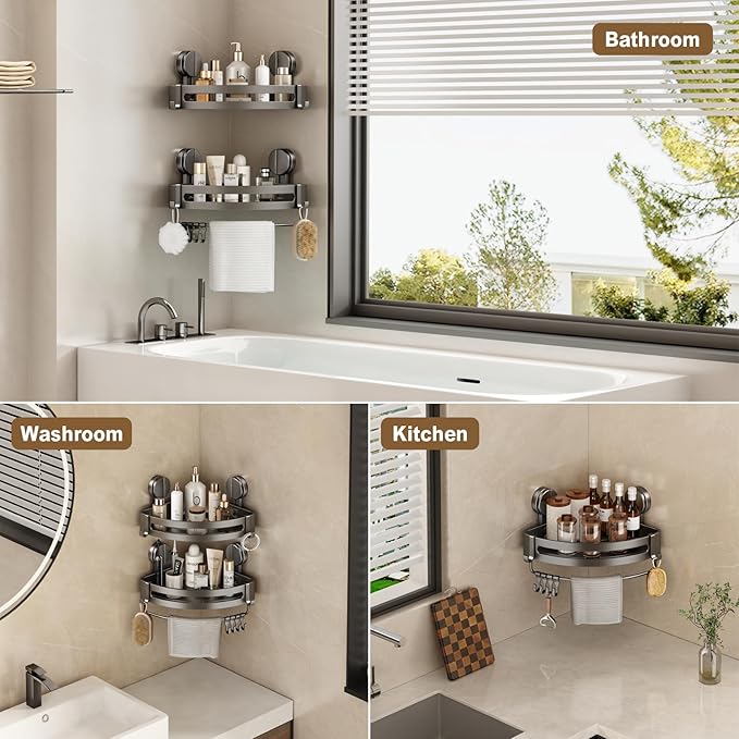 VOLPONE 2 Pack Shower Caddy Suction Cup, Corner Shower Shelves No Drilling, Showers Organizer Storage with Towel Bar & Removable Hooks, Bathroom Shower Shelf Rack for Inside Showers, Triangle