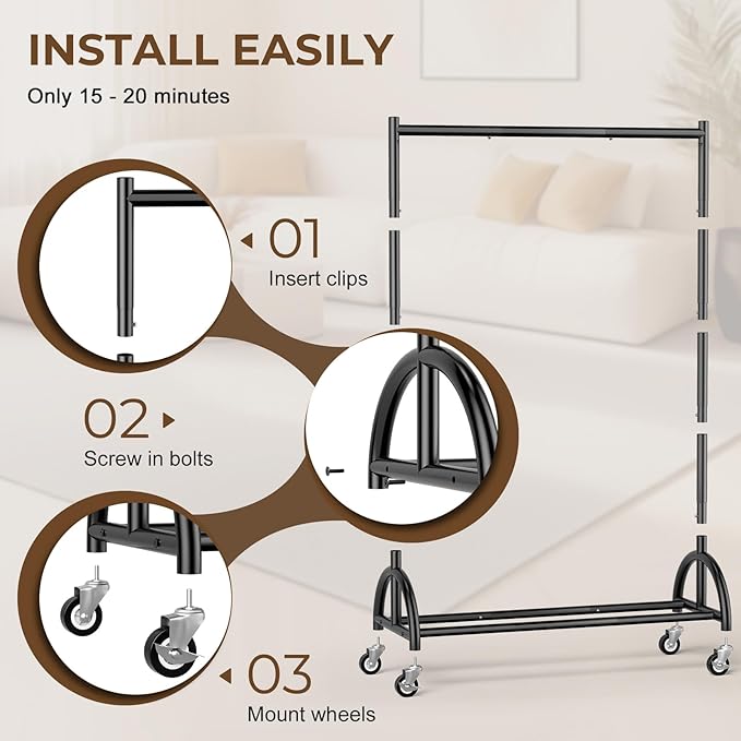 KEETDY Heavy Duty Clothing Racks for Hanging Clothes Heavy Duty Clothes Rack Rolling Garment Rack with Wheels Freestanding Closet Racks, 210 LBS Load Capacity for Coats, Garment, Dress, Shirt, Black
