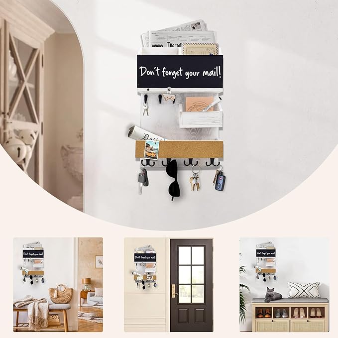 Mail Organizer Wall Mount,Key Holder Mail and Key Organizer for Wall with Shelf, Chalkboard, Corkboard, Home Decor for Room Office Entryway(Ivory White)