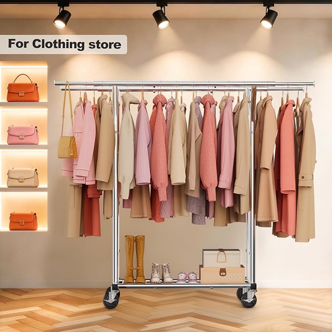 Heavy Duty Clothes Rack - Load 620 LBS, Rolling Clothing Rack for Hanging Clothes with Lockable Wheels & Shelves, Extendable Double Rod Garment Rack for Bedroom, Laundry, Living Room, Silver
