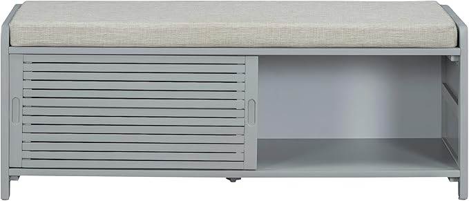 LUMISOL Shoe Bench with Storage and Cushion, Farmhouse Distressed Shutter Storage Bench with Retro Charm for Living Room, Entryway, Grey