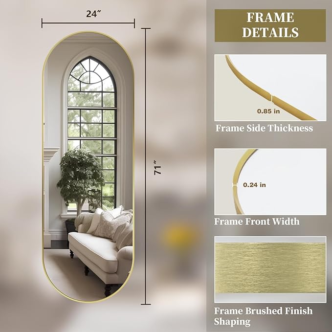 Oval Full Length Mirror, 71"×24" Wall-Mounted Mirror with Gold Frame in Shiny Gold, Ultra-Clear Explosion-Proof Dressing Mirror, Simple & Classic Deco for Cloakroom/Bedroom/Living Room