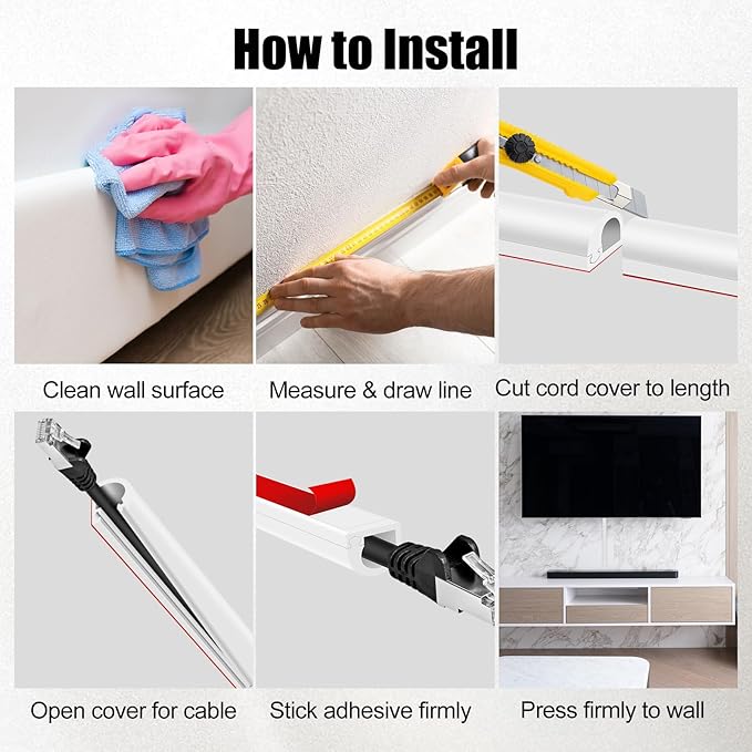 Self-Adhesive Cable Hider, Flexible Wire Cover Cable Raceway for Wires, Wall Mount TV, Home Audio, Network, Power, and Phone Line Managemen (White, 118inch)