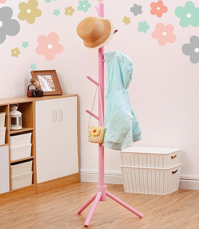 Beech Wood Kids Coat Rack - Adjustable Height Stand with 9 Hooks, Freestanding Children's Clothing Organizer for Hallway, Bedroom, Easy Assembly (Pink)