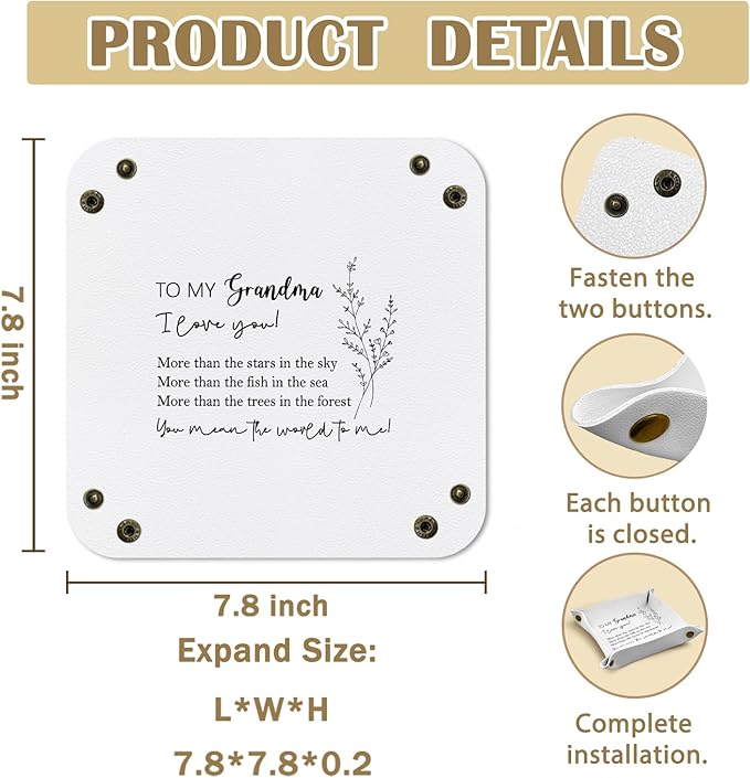 Mother s Day Gifts for Mom,Grandma Gifts Leather Jewelry Valet Tray,Best Grandma Gift from Grandkids PU Leather Catchall Beside Caddy Nightstand Organizer Tray for Jewelry Rings Watches Keys