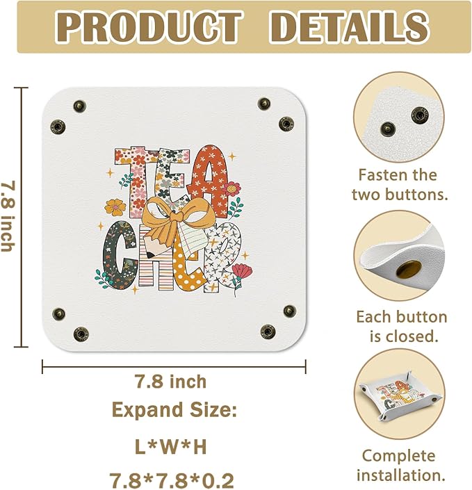 Teacher Gifts,Teacher Appreciation Gifts for Women, Gifts for Teacher PU Leather Catchall Beside Caddy Nightstand Organizer Tray for Jewelry Rings Watches and Accessories, 7.87x7.87in