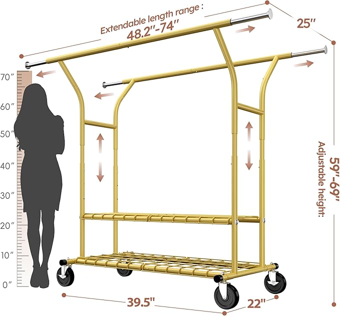 Raybee 74" W Clothes Rack Load 630 LBS, Clothing Racks for Hanging Clothes, Adjustable Heavy Duty Clothes Rack, Double Rods Metal Garment Rack for Bedroom Wardorbe Closet Living Room