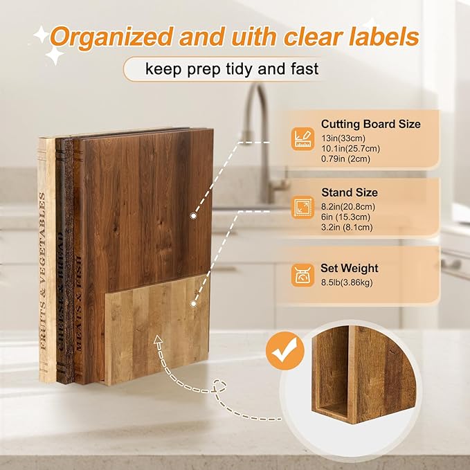 Book Cutting Board Set,100% Acacia Wood,Each Set Comprises Three Pieces, Including a Wooden Stand