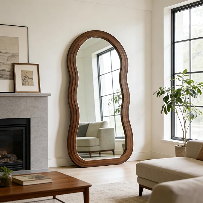 Wavy Full Length Mirror, 71"x33.5" Oversized Organic Floor Mirrors with Triple-Layer Solid Wood Frame, Irregular Full Body Mirror for Living Room Entryway Hallway Cloakroom, Leaning/Hanging