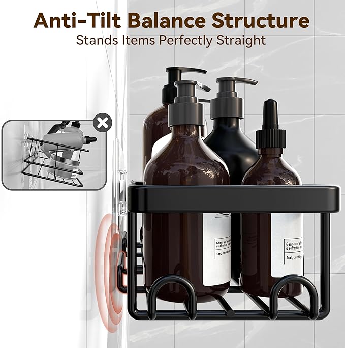 YASONIC Shower Caddy Adhesive 2-Pack, Rustproof Shower Organizer with Holder, No-Drill Shower Shelves for Inside the Shower, Large-Capacity Bathroom Organizers and Storage for Dorms & Renters, Black