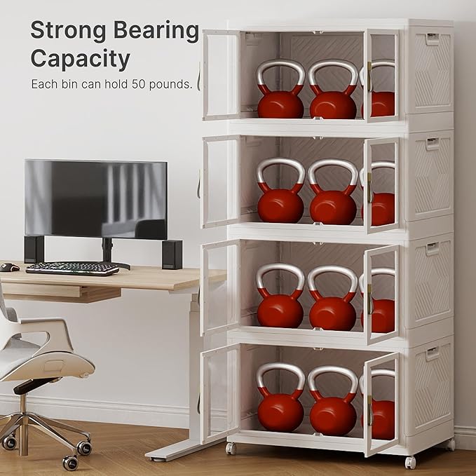 UAMFURI Stackable Storage Bins with Lids, Clear Doors, Large Storage Cabinet Foldable Collapsible Closet Organizers for Bedroom Dorm Office (4, White, 160, Quarts)
