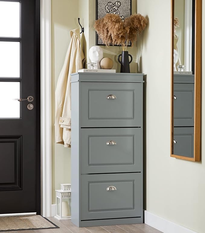 Haotian FSR94-HG, Grey Shoe Storage Cabinet with 3 Flip Drawers, Freestanding Shoe Rack, Shoe Storage Cupboard Organizer(9.4" D x 20.9" W x 46.1" H)